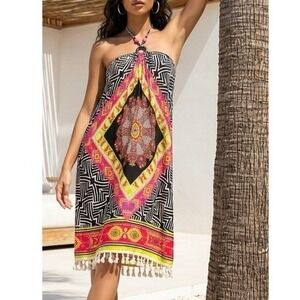 MAGIC Halter Dress‎ Womens L Black Pink Tassel Boho
